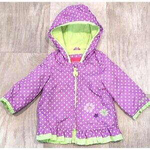 London Fog Girls 24M Hooded Rain Jacket Purple Polka Dot Ruffle Flower Outerwear